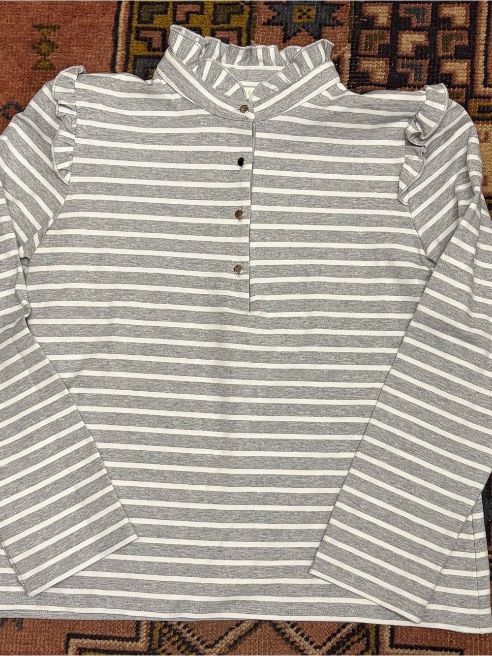 French Janne Mill Gray Striped Ruffle-Neck Long Sleeve Blouse. M
